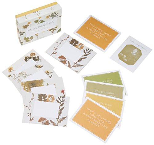 Box of Emily Dickinson notecards with floral designs and quotes shown.