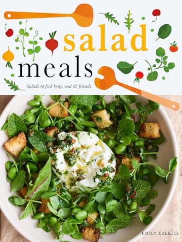 Cookbook cover with salad illustration and a bowl of green salad.