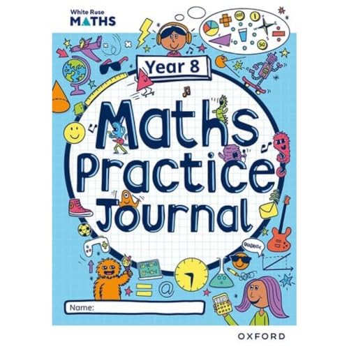 Year 8 Maths Practice Journal cover with colourful illustrations and name field.