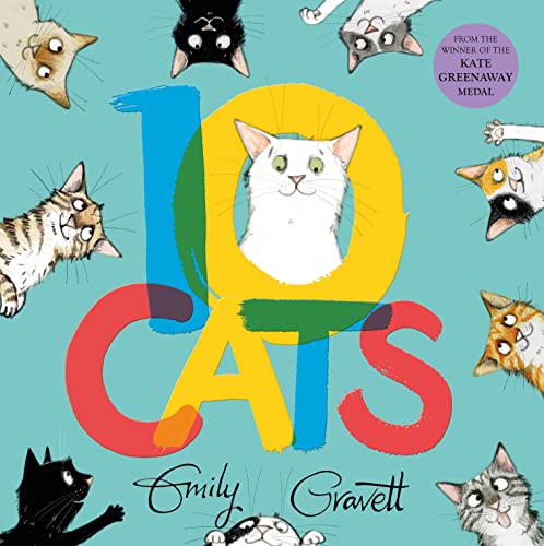 Colorful illustration of ten diverse cats surrounding large, bold text.