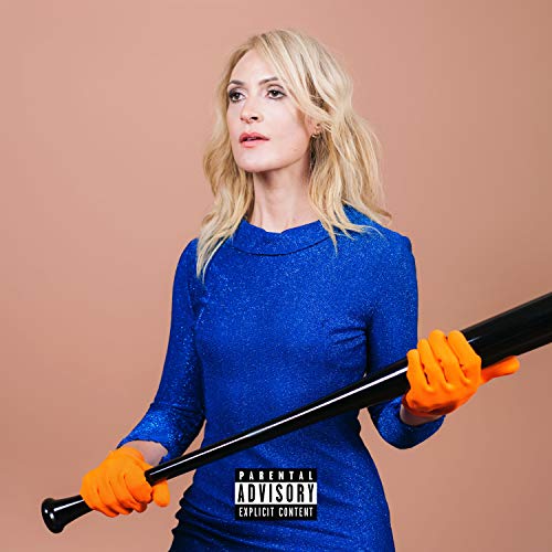 Blonde woman in blue dress holding a baseball bat, orange gloves.