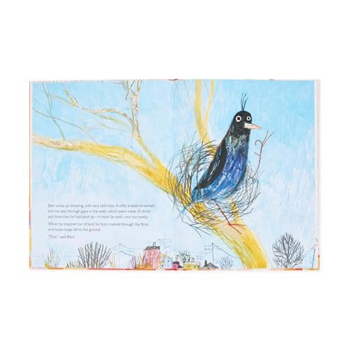 Illustration of a black bird in a nest amongst yellow branches.