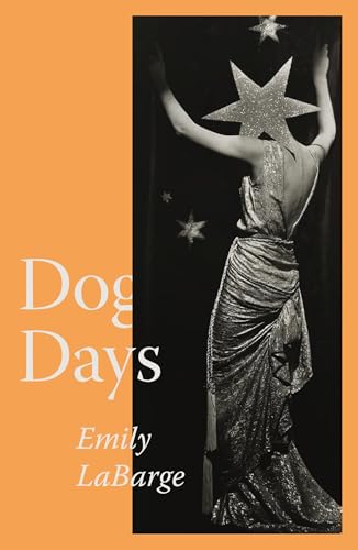 A woman in a sequined gown with a star over her face on orange background.