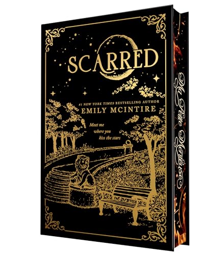 Black book cover with gold foil illustration of a park, moon, and title Scarred.