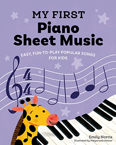 Piano sheet music cover with musical notes, a giraffe, and lavender background.