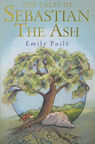 Book cover with golden title, a tree, and mushrooms in a landscape.