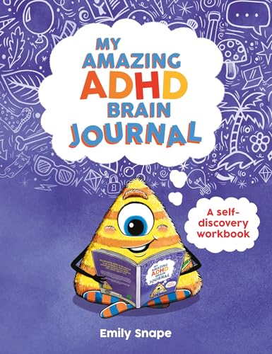 A yellow, one-eyed monster reads a journal against a purple, doodle-filled background.