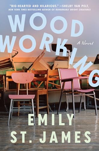 Book cover with stacked chairs and large white text: "Woodworking".
