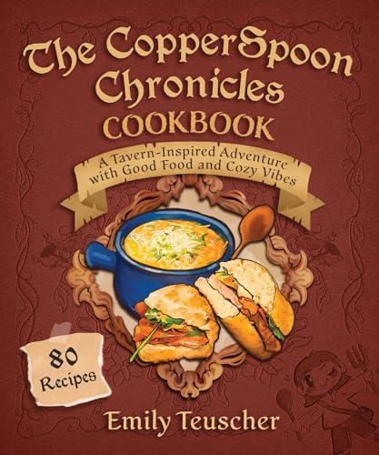 Cookbook cover with soup, sandwich, and decorative flourishes.