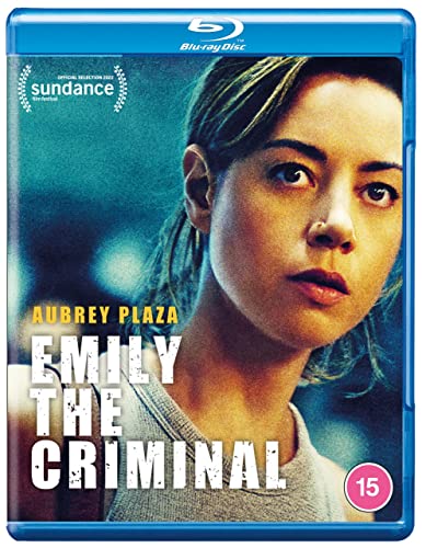 Blu-ray cover featuring a close-up portrait of Aubrey Plaza for Emily the Criminal.