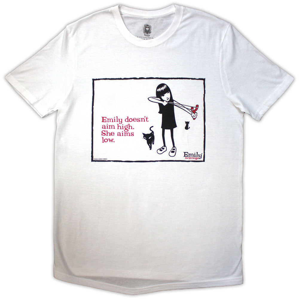 Black unisex t-shirt featuring Emily the Strange graphic with the text Aims Low.