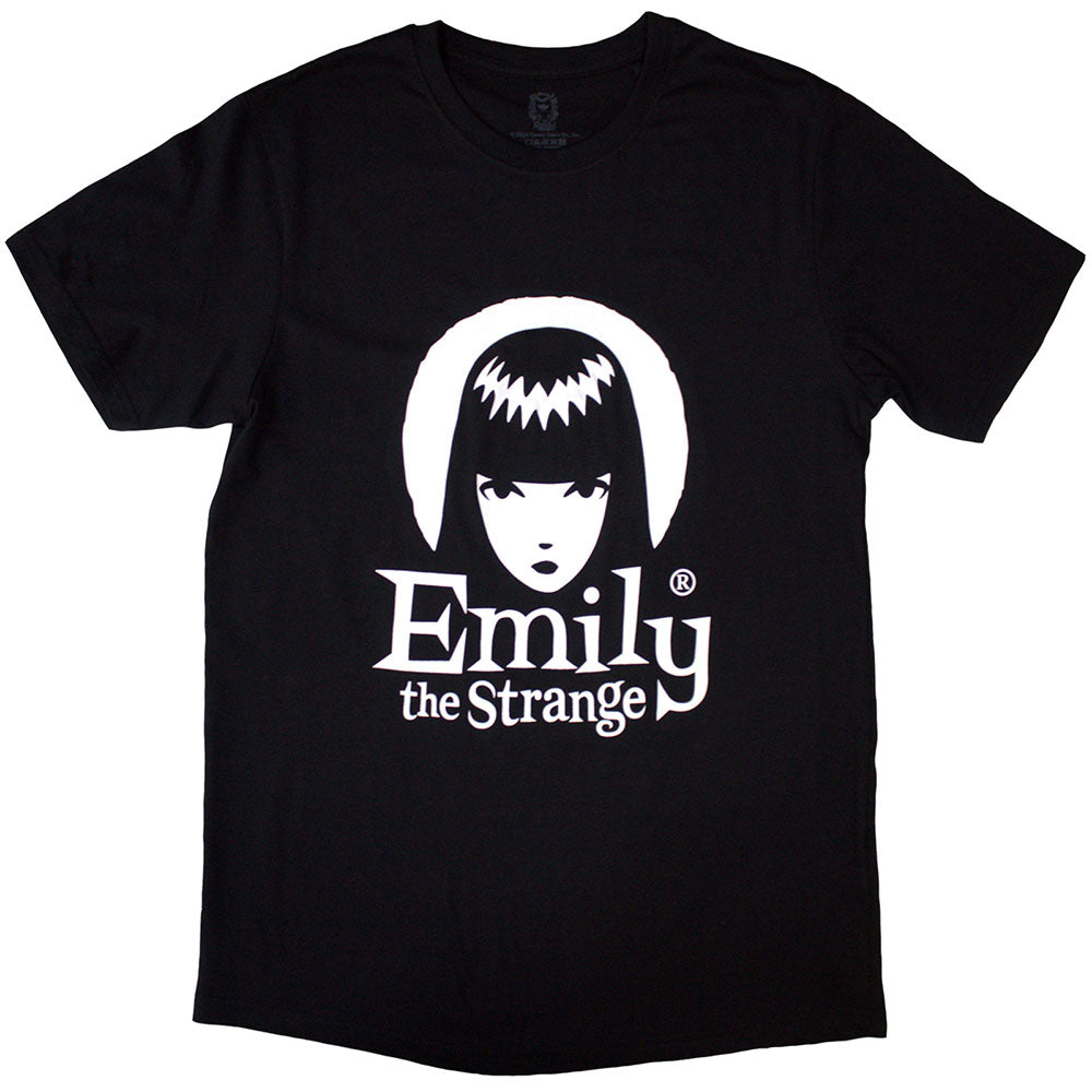 Black t-shirt with white halo logo featuring Emily The Strange's design.