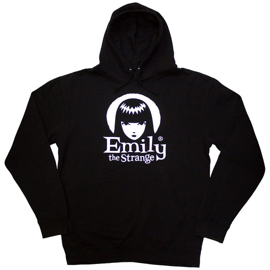 Black unisex pullover hoodie featuring a white Emily the Strange halo logo graphic.