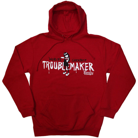 Black hoodie featuring Emily The Strange's "Troublemaker" graphic, unisex style.