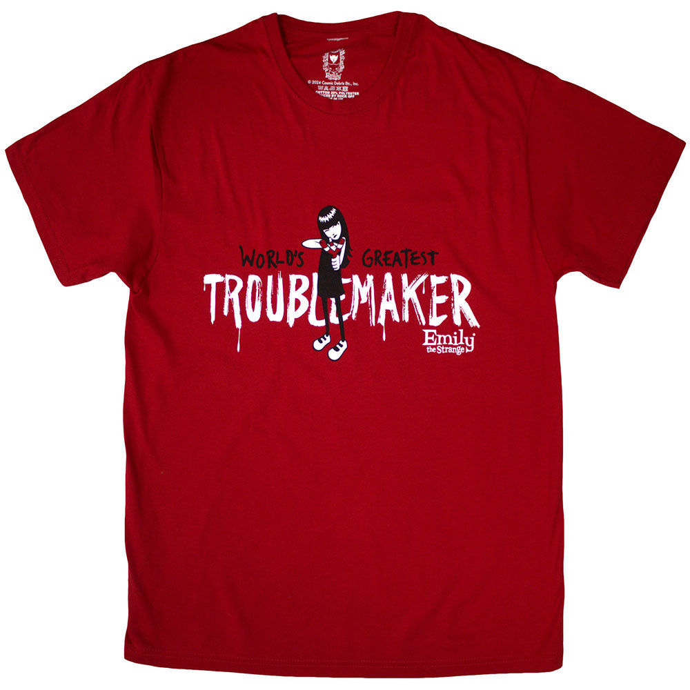 Black unisex t-shirt featuring a graphic of Emily the Strange with Troublemaker text.