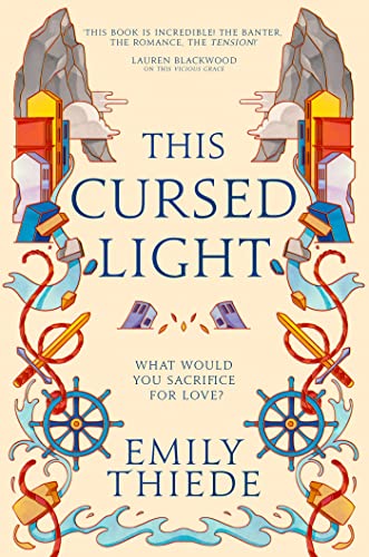 Book cover for "This Cursed Light" with illustrated mountains and ornate details.