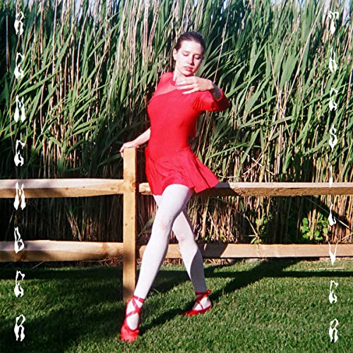 Woman in red leotard and tights posing by a wooden fence.