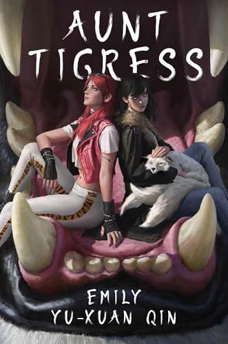 Book cover featuring two women and a white dog framed by tiger teeth.