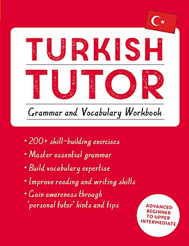 Book cover for Turkish Tutor grammar and vocabulary workbook with a red background.