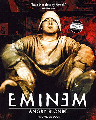 Eminem in a hooded sweatshirt, book cover for "Angry Blonde.