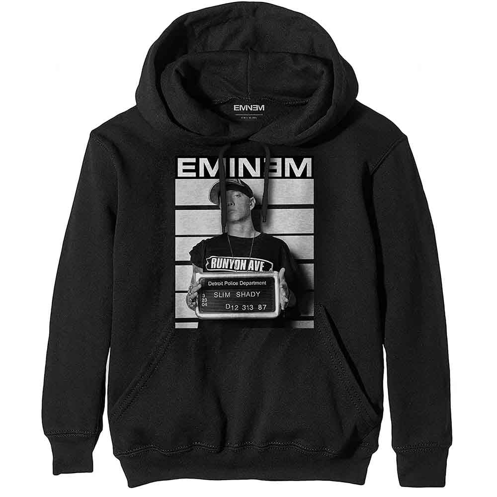 Gray hoodie featuring Eminem's arrest photo graphic, size small.