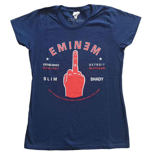 Navy blue women's t-shirt with red Eminem logo and hand graphic.