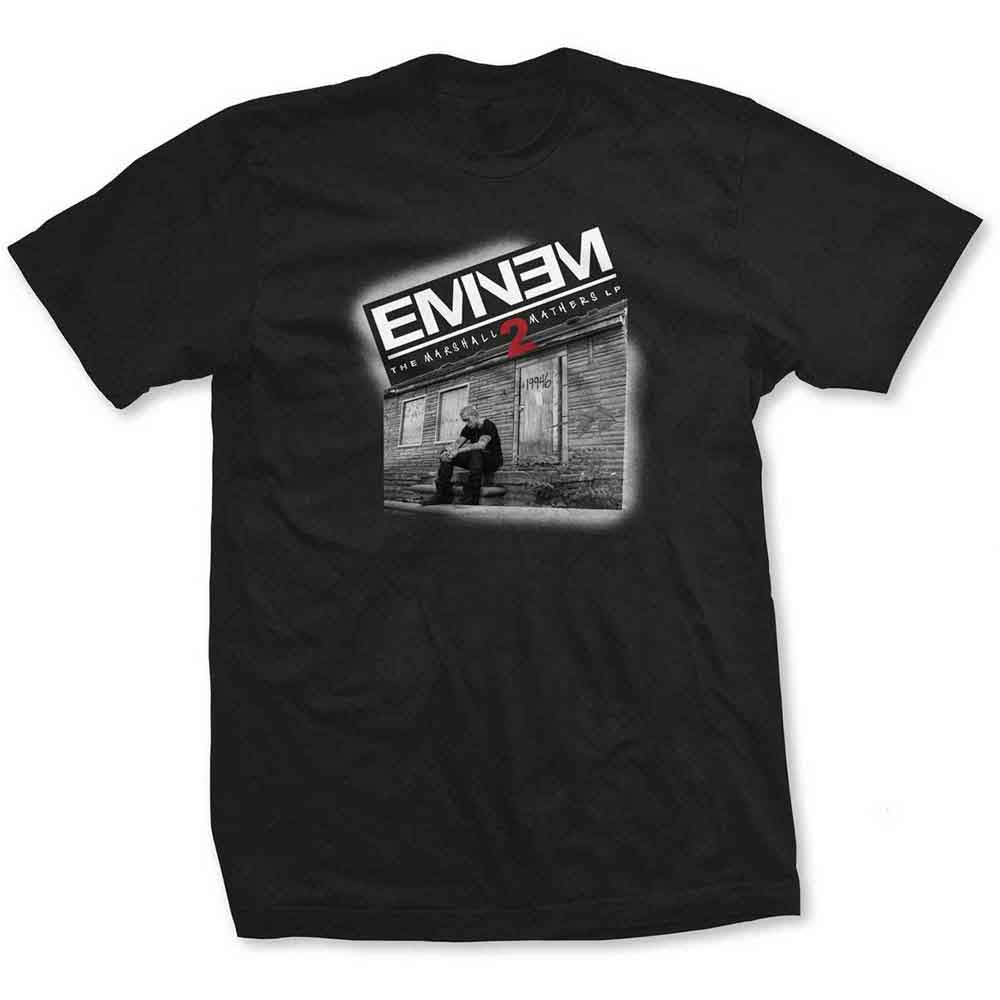 Black Eminem t-shirt with “The Marshall Mathers LP” album cover graphic.