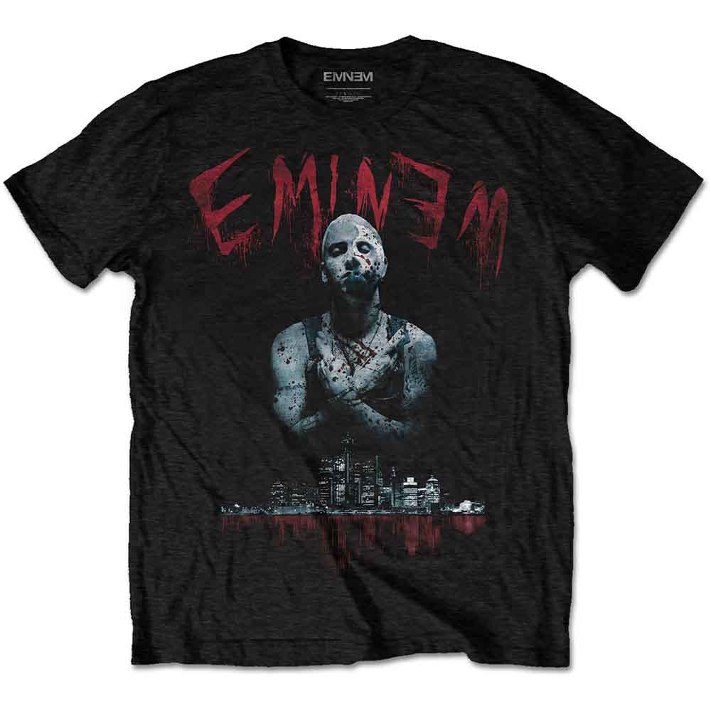 Black t-shirt with a horror-themed Eminem graphic and city skyline.