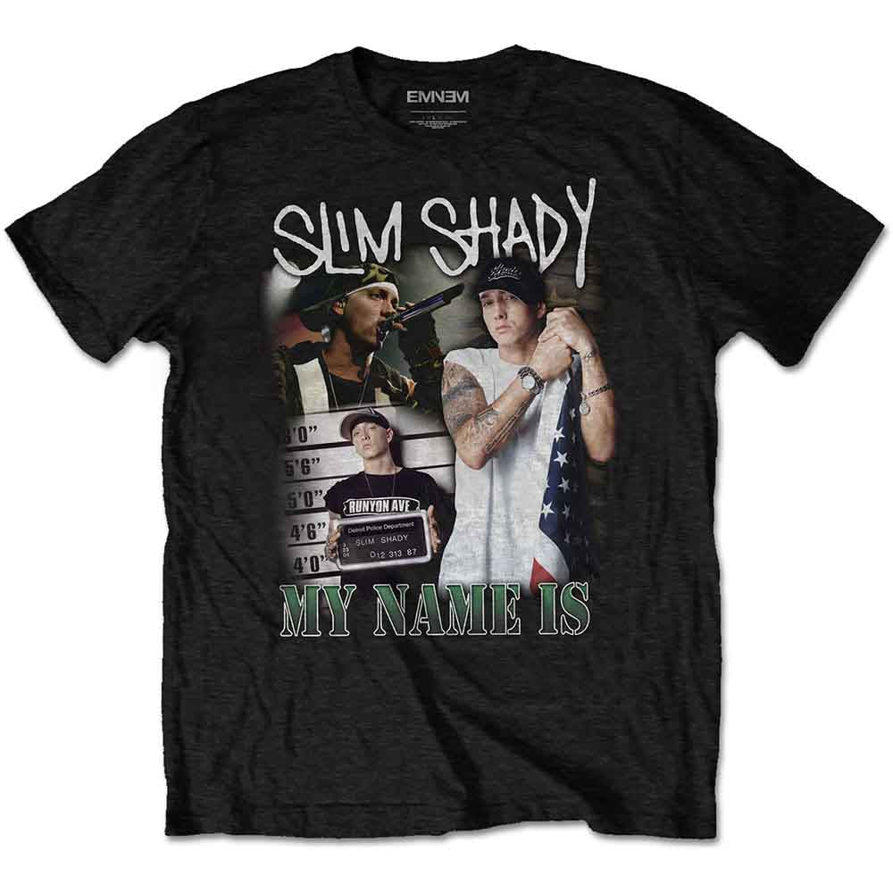 Black Eminem t-shirt with Slim Shady graphic and mugshot imagery.