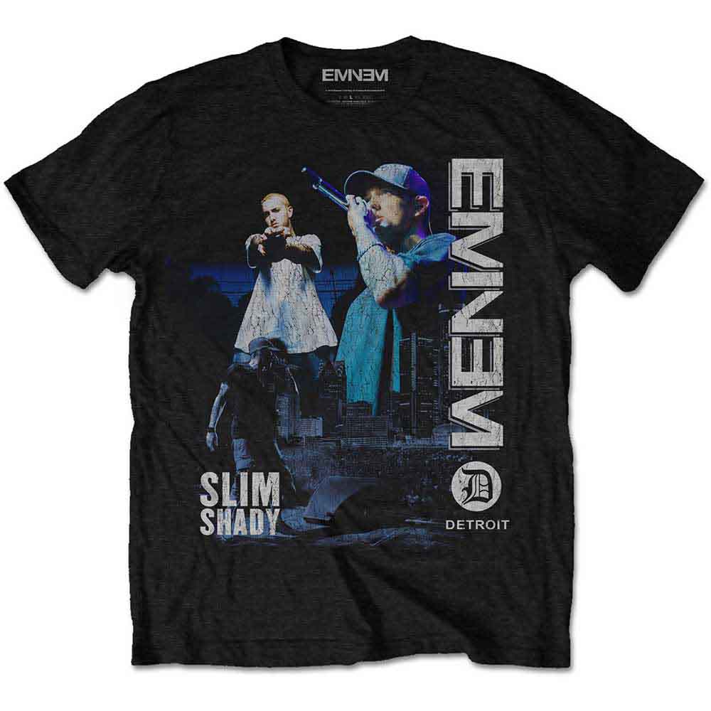 Black Eminem t-shirt with graphic of Slim Shady and Detroit logo.