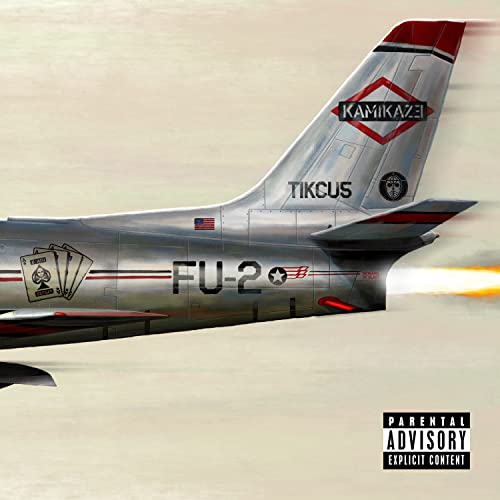 Eminem's "Kamikaze" album cover featuring a fighter jet tail and playing cards.