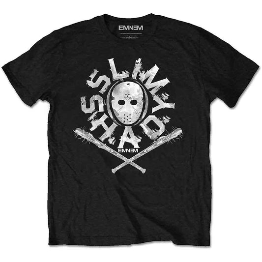 A man wearing a black t-shirt featuring a white hockey mask and text graphic.