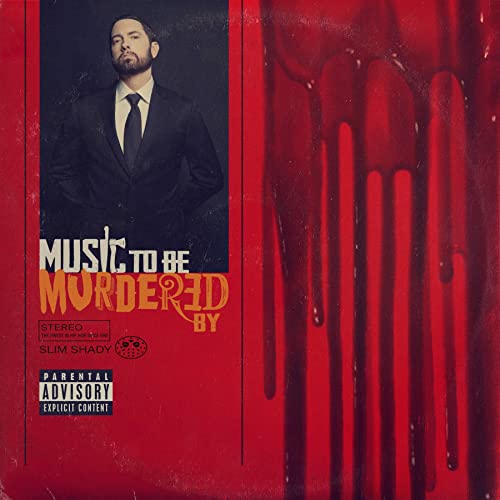Eminem album cover: portrait with red dripping paint and text.