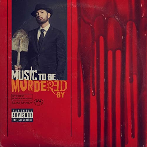 Eminem album cover: man in suit with shovel, red dripping background.