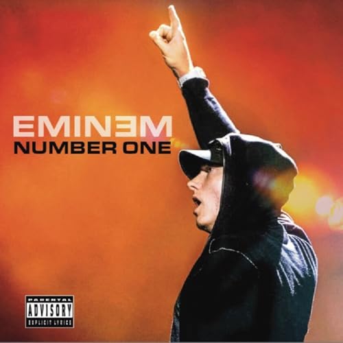 Eminem album cover: hooded rapper raising a finger, orange background.