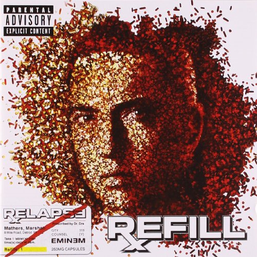 Eminem's face formed by colorful pills on a white background with album text.