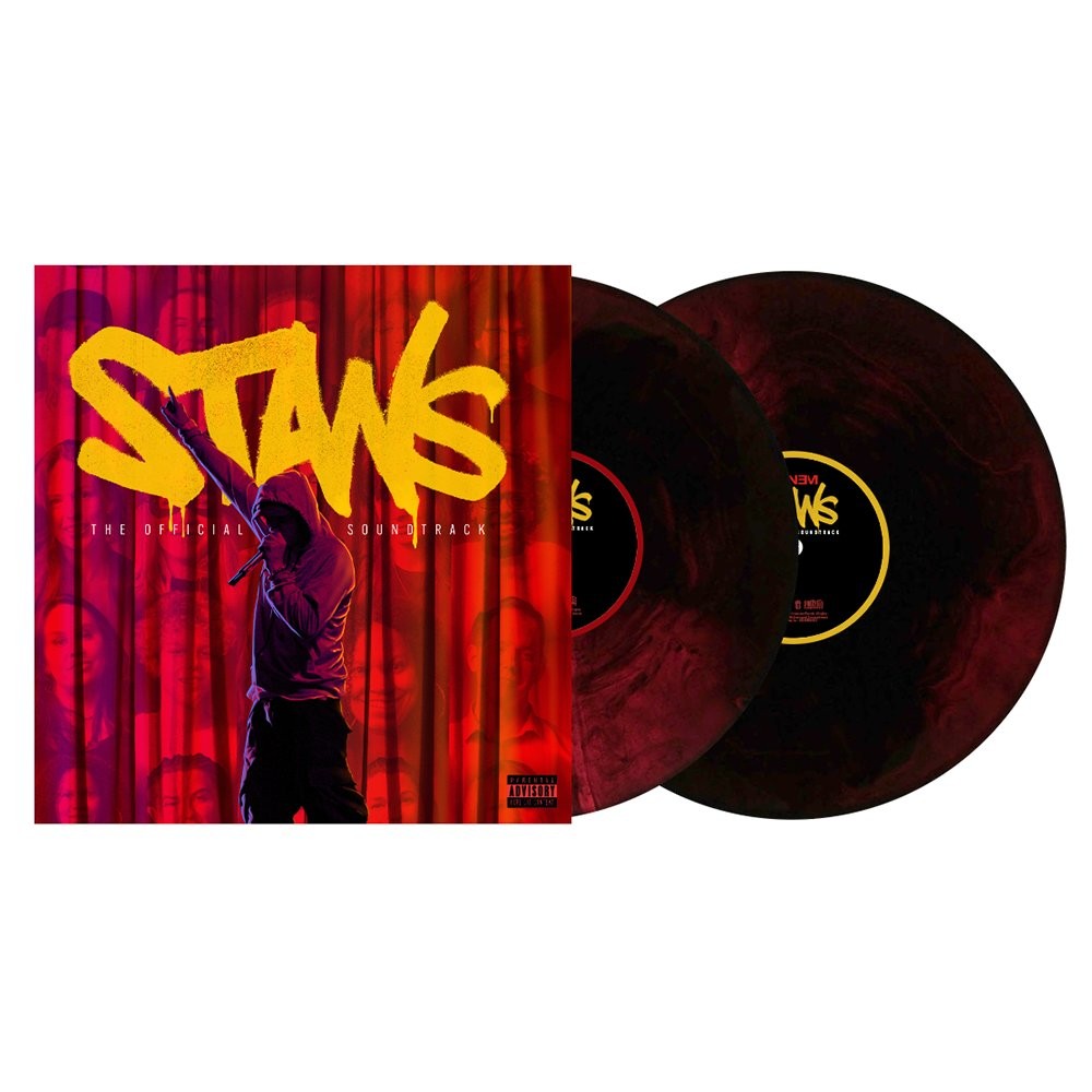 Eminem's "Stans" vinyl record: red cover with artist image and two black discs.