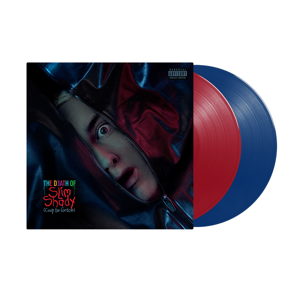 Eminem album cover featuring a face in a zipped bag with red and blue vinyl.