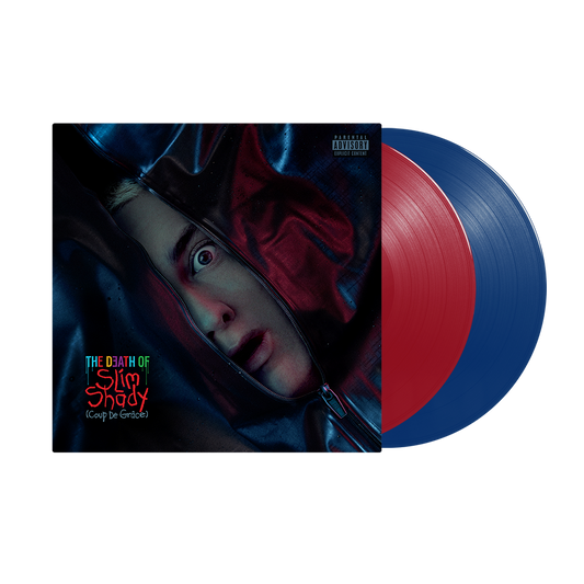 Eminem album cover featuring a face in a zipped bag with red and blue vinyl.