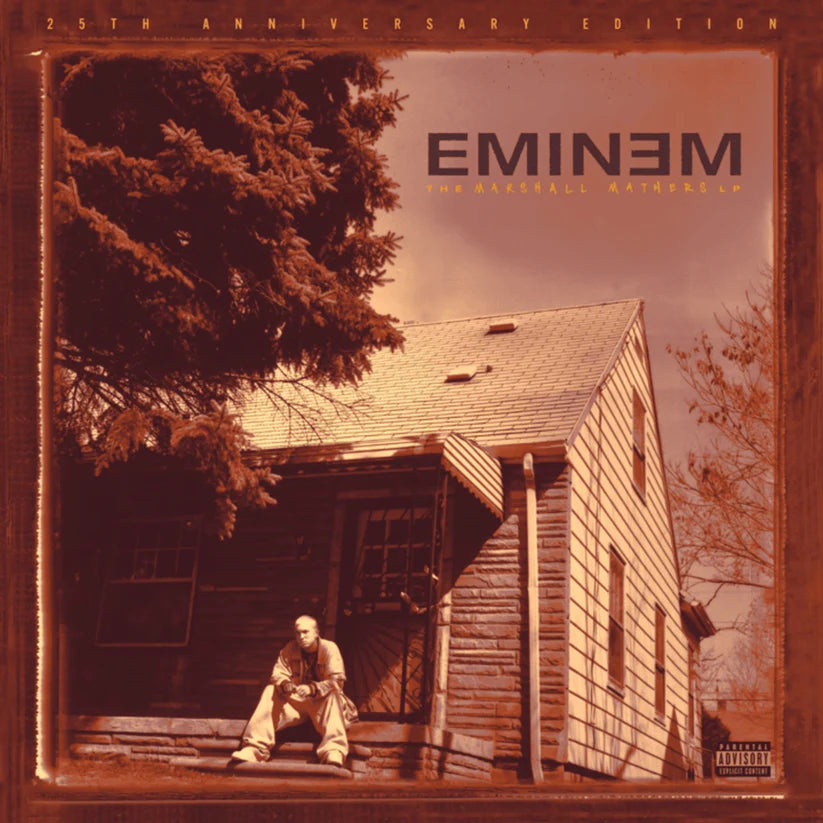Eminem sits on the porch of a house in this sepia-toned album cover art.