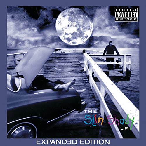 "Eminem's 'The Slim Shady LP' vinyl album cover featuring a man on a dock."