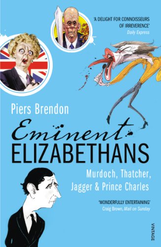 Book cover with caricatures of British figures: Thatcher, Murdoch, Jagger, and Charles.