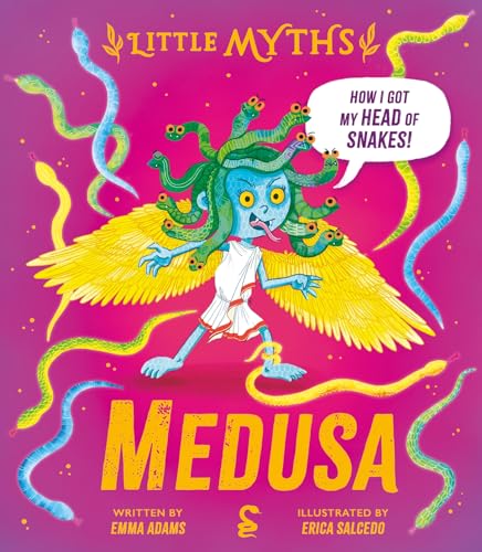 Illustration of blue-skinned Medusa with snakes for hair and yellow wings.
