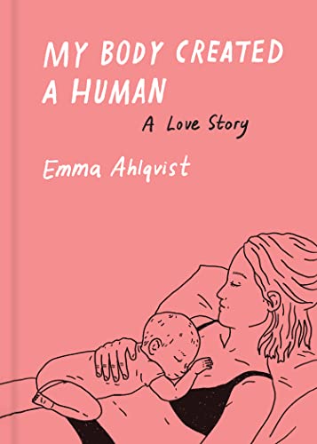 Book cover with a mother holding a baby, pink background, line drawing.