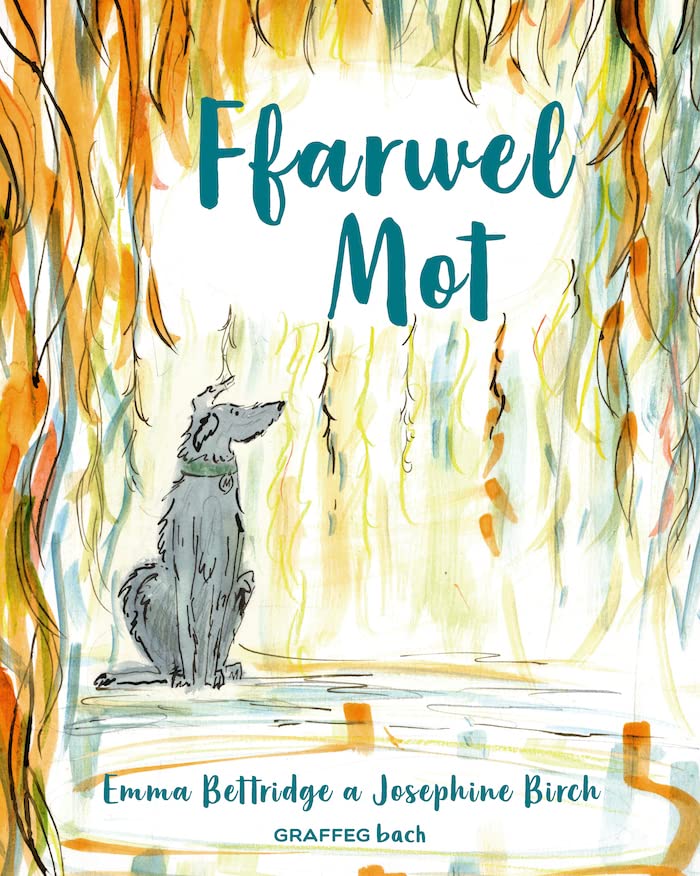 Book cover: illustrated grey dog sitting amongst colorful, abstract trees.