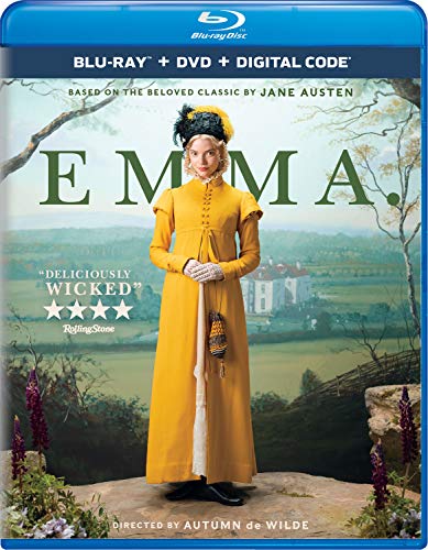 Blu-ray cover for “Emma” featuring a woman in a yellow dress.