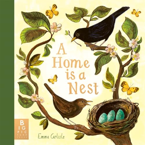 Book cover with birds, a nest containing blue eggs, and floral branches.