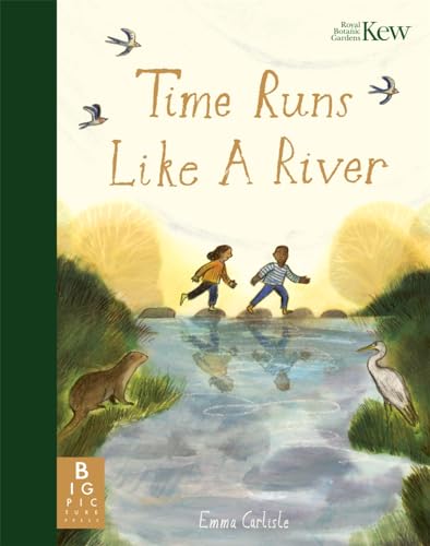 Two children cross a river on stepping stones with an otter and a heron nearby.