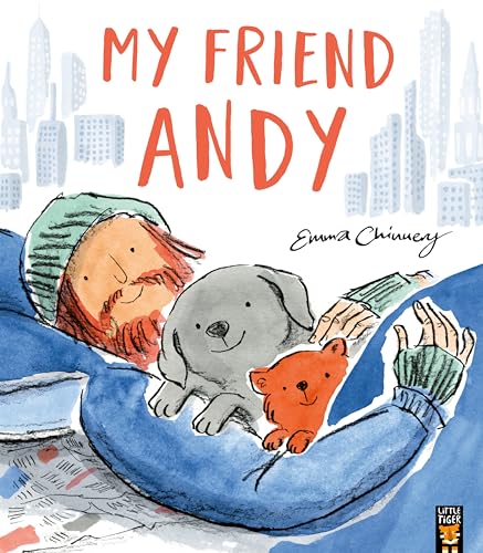 Illustration of a person with a grey dog and a small orange fox.