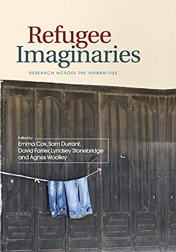 Book cover: “Refugee Imaginaries” with a weathered door and hanging clothes.